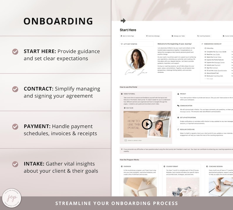 May include: A pink and white onboarding checklist for a business. The checklist includes steps such as "Start Here", "Contract", "Payment", and "Intake". The checklist is designed to help businesses streamline their onboarding process.