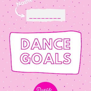 Puede incluir: Una hoja de trabajo imprimible rosa con puntos blancos. La hoja de trabajo tiene un espacio para un nombre, una línea para escribir y las palabras "Objetivos de baile" en un cuadro blanco con un contorno rosa. La parte inferior de la hoja de trabajo tiene un círculo rosa con las palabras "Recursos del estudio de baile" en blanco.