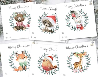 森のクリスマス ギフトタグ（印刷可能）、かわいい動物のホリデータグ、すぐにダウンロード可能、素朴なクリスマスプレゼントラベル、3x3インチラベル