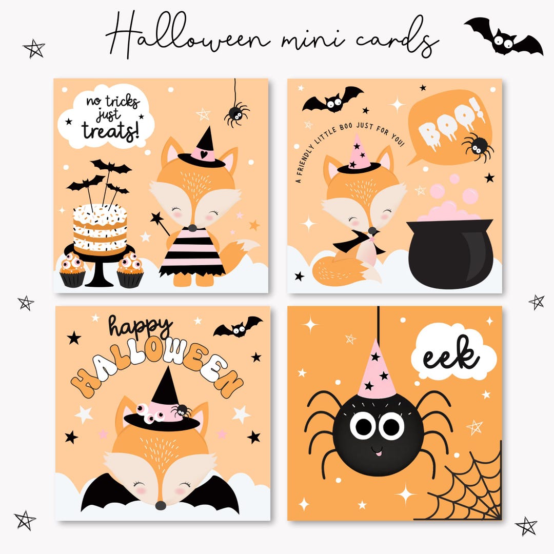 Cute Halloween Mini Cards for Kids, Printable Halloween Cards, 4x4 Inch ...