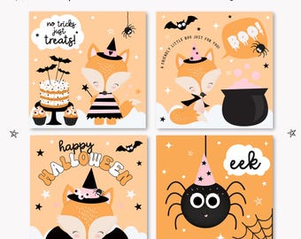 Cute Halloween Mini Cards for Kids, Printable Halloween Cards, 4x4 Inch Lunch Box Notes, Pastel, Instant Download, Classroom Notes