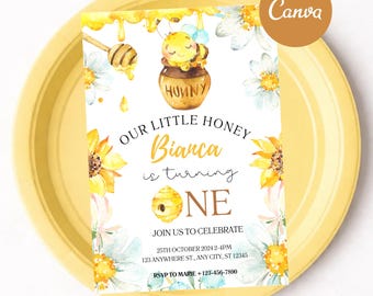 Invitación para el primer cumpleaños de Nuestra Pequeña Miel, invitación editable en Canva, invitación para fiesta de cumpleaños de abejas, primer año, primer día de las abejas, dulce para las abejas