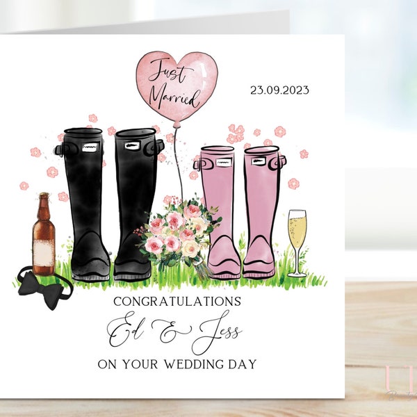 Personalised Wedding Card, Welly Boot Personalised Wedding Day Card, Congratulations Wedding Card, Bridal Congrats, Custom Mr Mrs Card