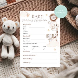 Juego de baby shower imprimible, tarjetas de predicciones para bebés, animales de safari, temática de la jungla, descargable, para imprimir en casa, para futuras mamás, descarga digital