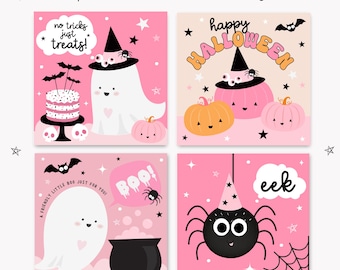 Cute Halloween Mini Cards for Kids, Printable Halloween Cards, 4x4 Inch Lunch Box Notes, Pastel, Instant Download, Classroom Notes