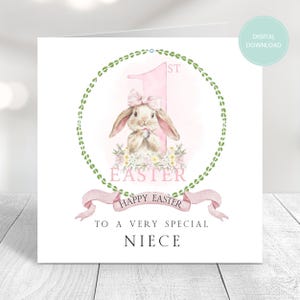 Carte de Pâques imprimable, Pâques imprimable, téléchargeable, modifiable, à imprimer à la maison, carte pour nièce, jolie carte de lapin, cadeau de Pâques