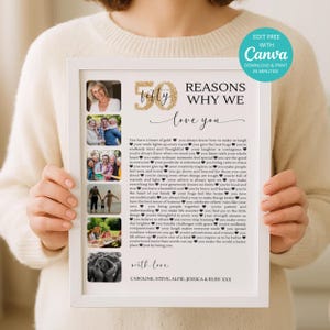 May include: A framed print with the text "Fifty Reasons Why We Love You" in gold glitter. The print includes family photos and a list of reasons. The phrase "Edit Free with Canva" is in the top right corner.
