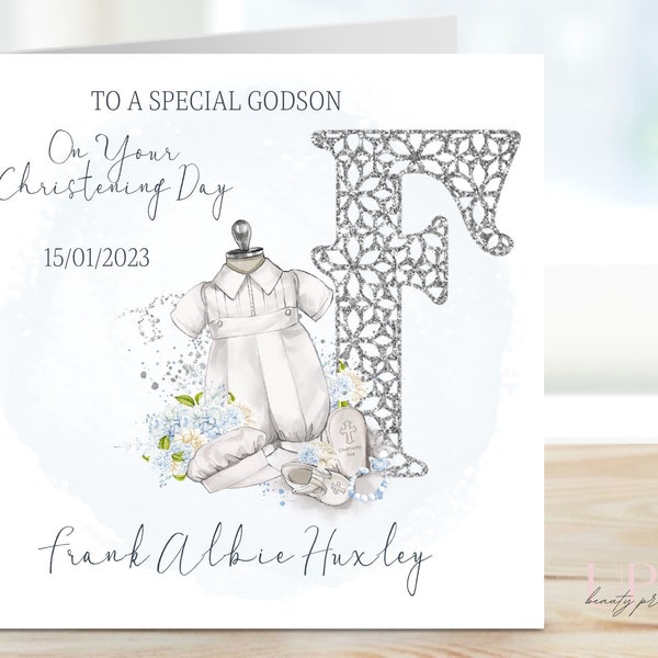 Personalised Initial christening Gowns Card for a boy, Christening card for son, grandson, nephew, godson, Baptism card for a boy