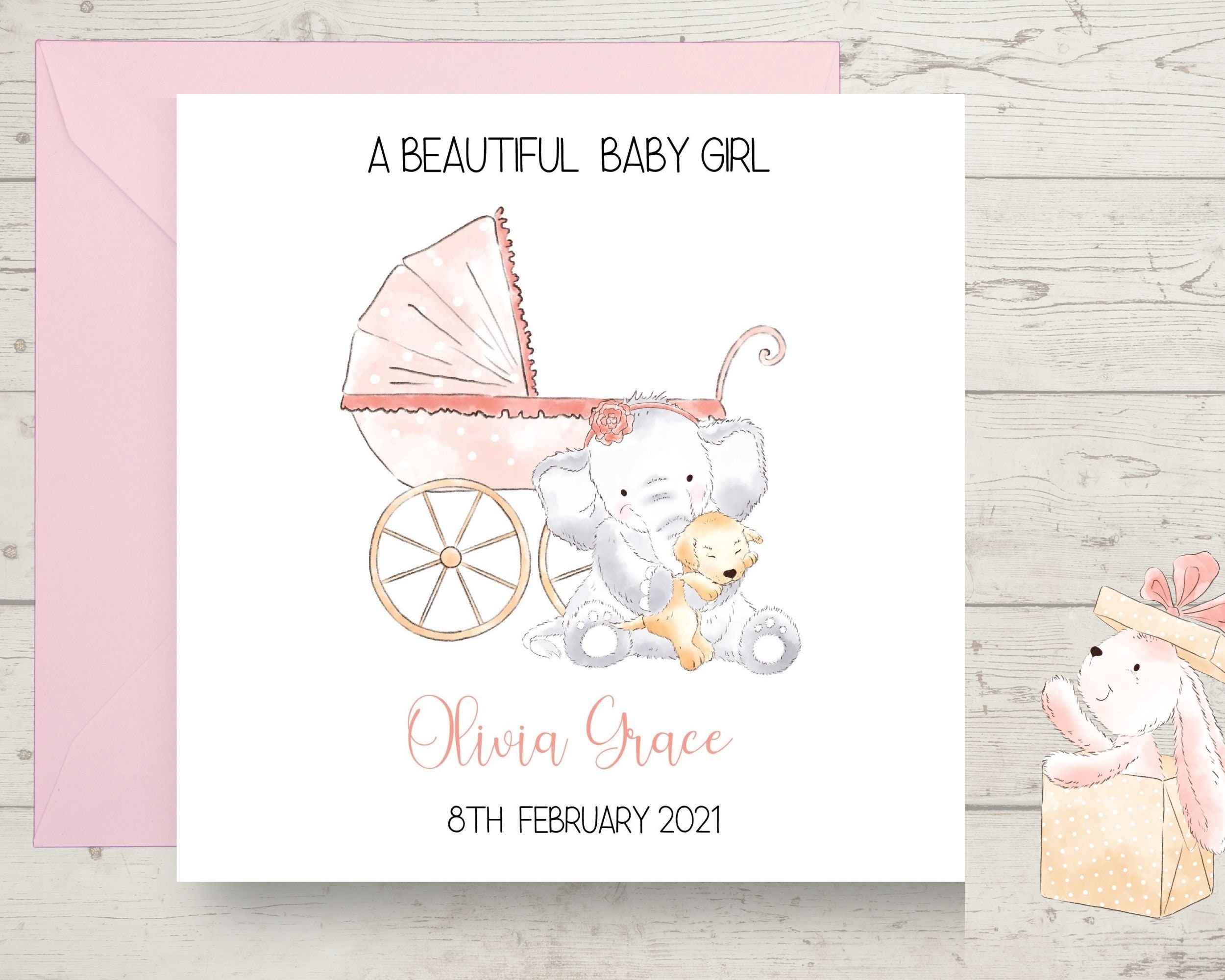 Personalised New Baby Girl Card Arrival Birth Card Cute Etsy