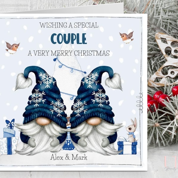 Same sex Christmas Card, Personalised Christmas Card for Gay Couple, Christmas card, Blue Gnomes Card, Any Relation Card, Christmas Gonks