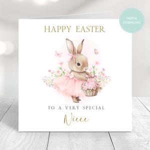 Carte de Pâques imprimable, Pâques imprimable, téléchargeable, modifiable, à imprimer à la maison, carte pour nièce, jolie carte de lapin, cadeau de Pâques
