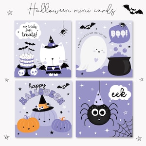 Könnte beinhalten: Eine Sammlung von Halloween-Minikarten mit verschiedenen Illustrationen. Die Karten zeigen eine weiße Katze mit Hexenhut, einen freundlichen Geist, einen Kessel, Kürbisse und eine Spinne. Text enthält "no tricks just treats", "BOO!" und "happy Halloween".
