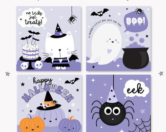 Cute Halloween Mini Cards for Kids, Printable Halloween Cards, 4x4 Inch Lunch Box Notes, Lilac, Instant Download, Classroom Notes
