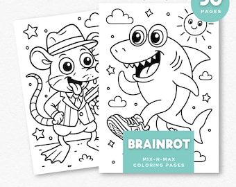 Brainrot Colouring Pages Printable, 50 Cute Funny Colouring Sheets, Digital Download PNG Bundle, Italian Brainrot Art for Kids & Adults