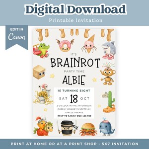 Brainrot Geburtstagseinladung, lustige Kinder Party einladen, bearbeitbare Canva-Vorlage, Meme Monster Party, Sofort-Download, Brainrot-Thema