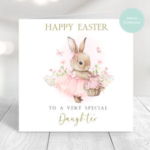 Druckbare Osterkarte, Ostern druckbar, herunterladbar, bearbeitbar, Druck zu Hause, Karte für Tochter, süße Häschenkarte, Ostergeschenk