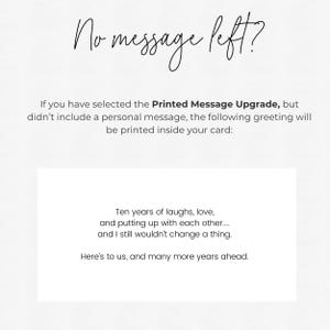 K&ouml;nnte beinhalten: Eine wei&szlig;e Karte mit schwarzem Text. Der Text lautet "No message left?" und "Ten years of laughs, love, and putting up with each other.... and I still wouldn't change a thing."