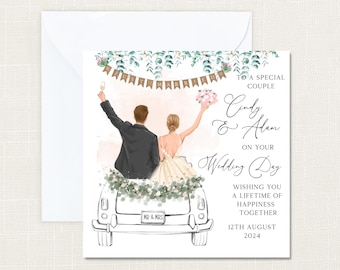Może przedstawiać: Karta ślubna z ilustracją pary w zabytkowym samochodzie, z tekstem "Cindy & Adam on your Wedding Day". Karta zawiera baner z napisem "MR & MRS" oraz datę "12 sierpnia 2024 r.".