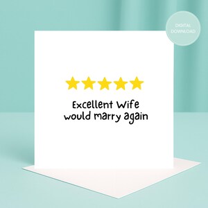 Uitstekende vrouwkaart, gepersonaliseerde kaart, direct download, kaart voor vrouw, thuis afdrukken, kaart met vijf sterren, zou weer trouwen