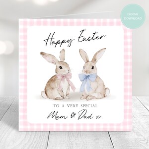 Carte de Pâques à imprimer pour papa et maman, carte numérique, carte pour parents, carte de jolis lapins, téléchargement numérique, joyeuses Pâques, Pâques imprimable