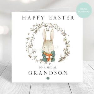 Carte de Pâques imprimable, Pâques imprimable, téléchargeable, modifiable, à imprimer à la maison, carte pour petit-fils, jolie carte de lapin, cadeau de Pâques
