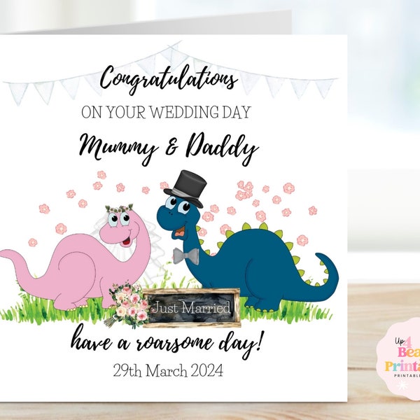 Personalised Mummy and Daddy Wedding Day, Dinosaur Wedding Card, Wedding Card for mummy & Daddy, On Your Wedding Day, Parents Wedding Card