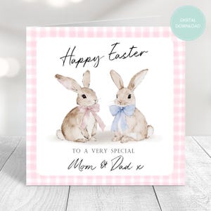 Carte de Pâques à imprimer pour maman et papa, carte numérique, carte pour parents, carte de lapins mignons, téléchargement numérique, joyeuses Pâques, Pâques imprimable