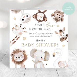 Carte à imprimer pour baby shower, animaux de safari, thème de la jungle, téléchargeable, impression à la maison, future maman, téléchargement numérique, baby shower imprimable