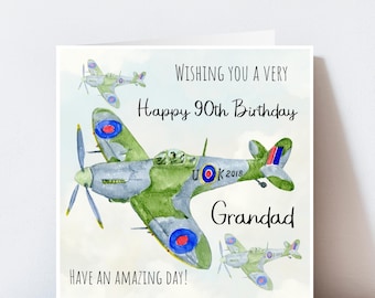 Spitfire Birthday Card, 90th Birthday Card, WWII Airplane Design, Royal Airforce, RAF Fighter Plane Card for Him, Grandad, Dad, Uncle