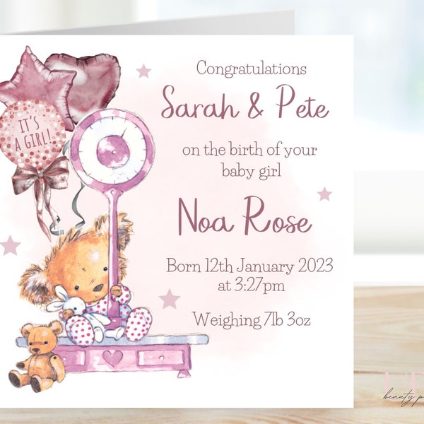 Personalised New Baby Girl Card, Newborn baby celebration, New Parents, Congratulations greeting card, Gift for new born child, Baby Girl