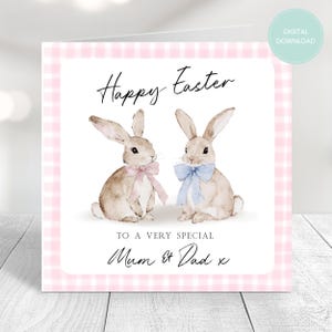 DRUCKBARE Osterkarte für Mama und Papa, digitale Karte, Karte für Eltern, süße Hasenkarte, digitaler Download, Frohe Ostern, Ostern druckbar