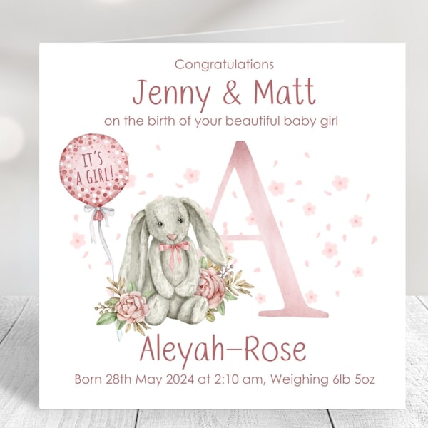 Personalised New Baby Girl Card, Newborn baby celebration, New Parents, Congratulations greeting card, Gift for new born child, Baby Girl