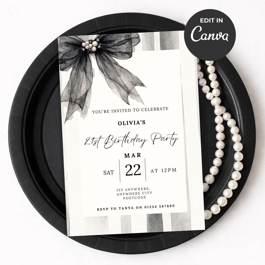 Black Bow Birthday Invitation Template, Elegant 21st Birthday Party