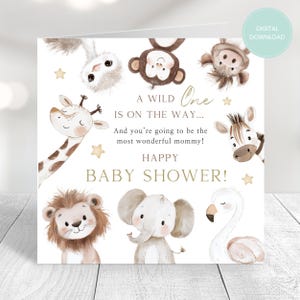 Carte à imprimer pour baby shower, animaux de safari, thème de la jungle, téléchargeable, impression à la maison, future maman, téléchargement numérique, baby shower imprimable