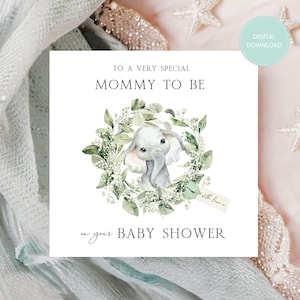 Carte de baby shower à imprimer, éléphant, thème de la jungle, téléchargeable, impression à la maison, future maman, téléchargement numérique, baby shower imprimable