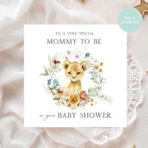 Carte à imprimer pour baby shower, lionceau, thème de la jungle, téléchargeable, impression à la maison, future maman, téléchargement numérique, baby shower imprimable