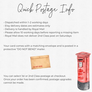 K&ouml;nnte beinhalten: Eine digitale Grafik mit dem Text Quick Postage Info, einem beigefarbenen Umschlag mit dem roten Text DO NOT BEND und einer Aquarellillustration eines leuchtend roten britischen Briefkastens mit schwarzem Sockel auf hellgrauem Grund.