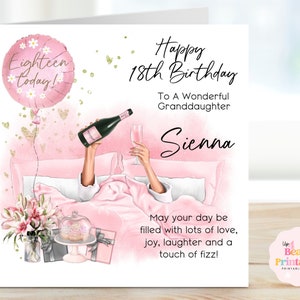 Personalised Champagne in Bed Card, 18th Birthday, Daughter, Granddaughter, Relaxing Birthday in Bed, Champagne Card, Flowers and Cake Card