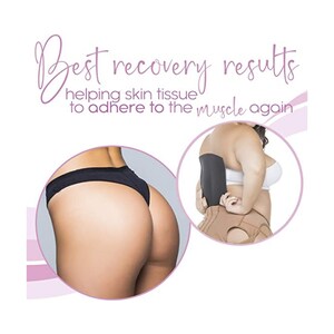 May include: Two women wearing body shapers. The text "Best recovery results helping skin tissue to adhere to the muscle again" is displayed above the images.