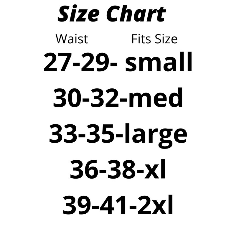 K&ouml;nnte beinhalten: Gr&ouml;&szlig;entabelle f&uuml;r Kleidung mit Taillenumfang in Zoll und entsprechenden Gr&ouml;&szlig;en: small, medium, large, XL und 2XL.