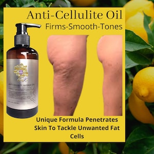 K&ouml;nnte beinhalten: Eine braune Glasflasche mit Anti-Cellulite-Massage&ouml;l und einem goldenen Etikett. Das Etikett zeigt das Gesicht einer Frau und den Text "Anti-Cellulite Massage Oil" und "Firms Smooths Tones". Die Flasche steht auf einem gelben Hintergrund mit einem Vorher-Nachher-Bild eines Beines mit Cellulite. Der Text "Unique Formula Penetrates Skin To Tackle Unwanted Fat Cells" befindet sich unter den Bildern.