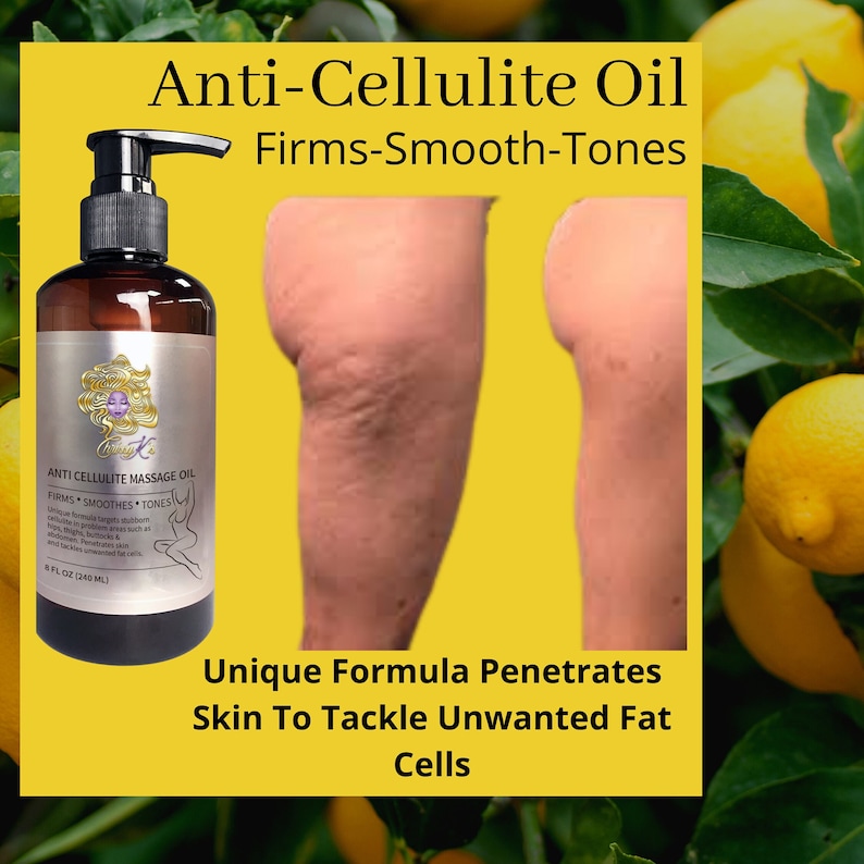K&ouml;nnte beinhalten: Eine braune Glasflasche mit Anti-Cellulite-Massage&ouml;l und einem goldenen Etikett. Das Etikett zeigt das Gesicht einer Frau und den Text "Anti-Cellulite Massage Oil" und "Firms Smooths Tones". Die Flasche steht auf einem gelben Hintergrund mit einem Vorher-Nachher-Bild eines Beines mit Cellulite. Der Text "Unique Formula Penetrates Skin To Tackle Unwanted Fat Cells" befindet sich unter den Bildern.