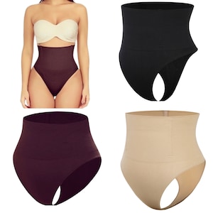 Puede incluir: Tres fajas de cuerpo de cintura alta en negro, marrón y beige. Las fajas tienen una cintura ancha y una abertura de pierna alta.