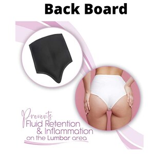May include: Black back support pad designed to prevent fluid retention and inflammation in the lumbar area. The pad is shown in a close-up image and also being worn by a person.