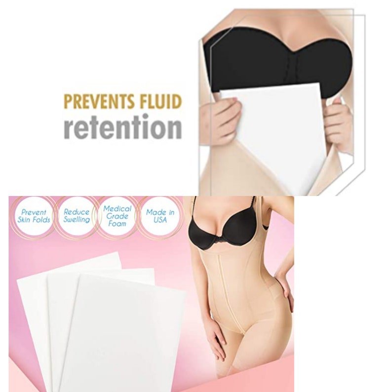 May include: A beige body shaper with a zipper in the front and adjustable straps. The shaper is made of a smooth, stretchy fabric and has a medical grade foam lining. The image also shows a white foam pad and the text "PREVENTS FLUID retention".