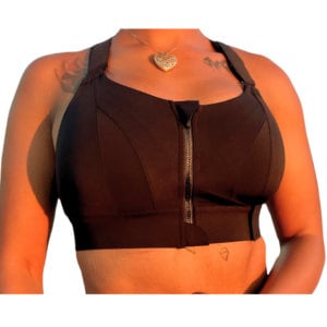 May include: Black sports bra with a front zipper closure and adjustable straps.