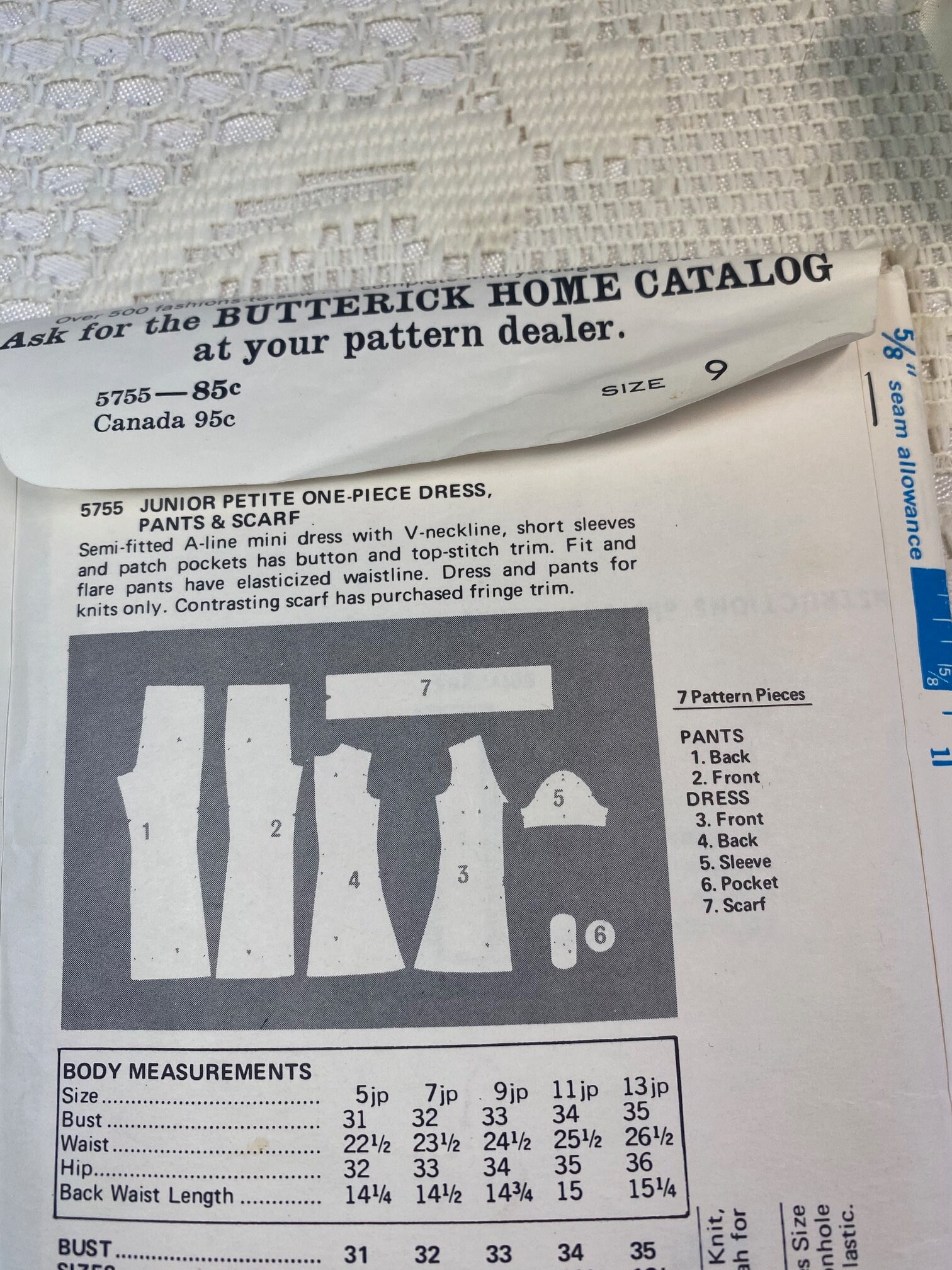 BUTTERICK 5755, Vintage Pant, Dress, and Scarf Pattern for Junior ...