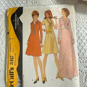 McCall&#39;s 3417 Dress Pattern from 1970&#39;s, Long and Short Dress Options, Misses Size 16