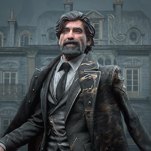 Può includere: Immagine digitale di un uomo in abito scuro e soprabito, con un bastone. L'uomo ha la barba e si trova di fronte a un grande edificio. Il soprabito presenta dettagli dorati. Il testo "PATREON H3LL CREATOR" è visibile in basso.
