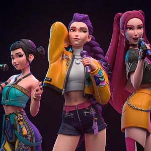 May include: Three stylized figures of female singers on a stage, each holding a microphone. They wear colorful outfits, including a yellow jacket, shorts, and boots. The stage has a geometric design with lights. The image includes the text "PATREON H3LL CREATOR".